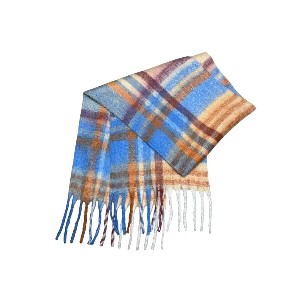 Urban Outfitters Cozy Oversized Multicolor Blue Orange Plaid Woven Fringe Scarf